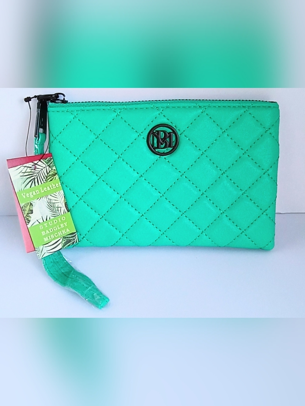 Badgley Mischka Quilted Wristlet Wallet Clutch Teal Green Vegan Leather NWT Zip